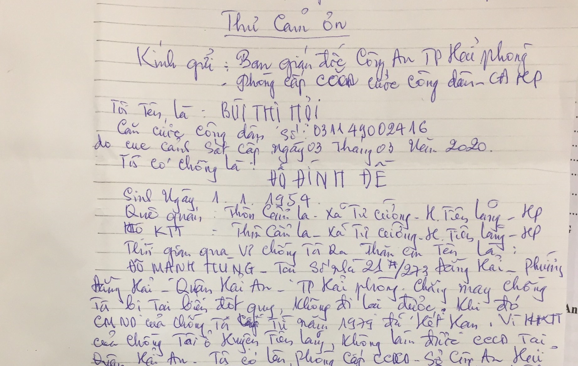 Người dân gửi thư cảm ơn Công an thành phố, Phòng Quản lý hành chính về trật tự xã hội